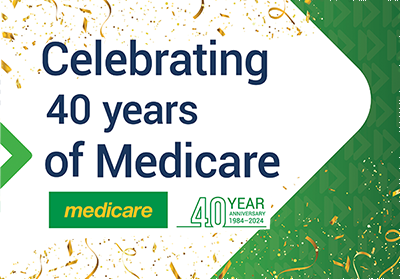 Celebrating 40 years of Medicare on a background with streamers and sparkles