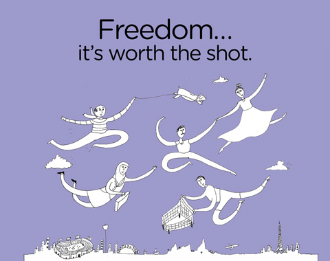 Freedom - it's worth the shot - hand drawn figures shopping and dancing